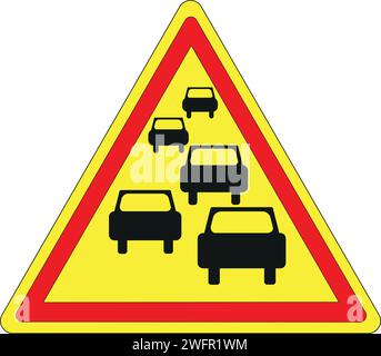 Segnaletica stradale triangolare con sfondo giallo e bordo rosso, rischio di ingorghi Illustrazione Vettoriale