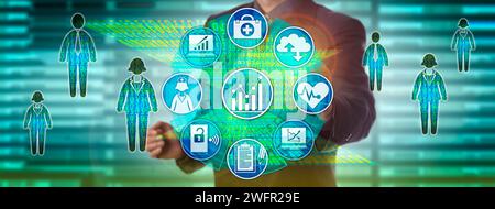 Responsabile delle informazioni sanitarie che misura le prestazioni tramite dashboard. Concetto di tecnologia informatica sanitaria per soluzioni di big data che guidano in modo tempestivo de Foto Stock