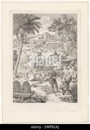 Allegoria sull'agricoltura, Bernard Picart, 1733 stampa allegorica frontespizio che raffigura il libro Georgica del poeta Vergilius. Nelle campagne, uomini e donne si sono dedicati all'agricoltura, alla coltivazione di alberi, bestiame e all'apicoltura. Con un margine vuoto. Incisione/incisione della carta di Amsterdam apicoltura, apicoltura. allevamento di bestiame, industria zootecnica. orticoltura, coltura vegetale, giardinaggio del mercato. agricoltura Foto Stock
