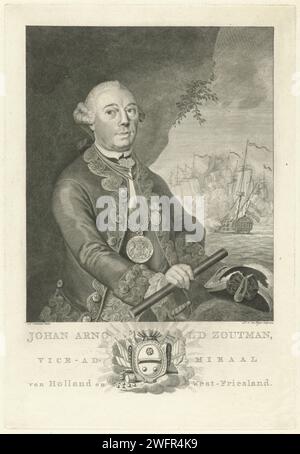 Ritratto di Johan Arnold Zoutman, Pieter Willem van Megen, dopo Aert Schouman, stampa del 1782 Ritratto di Johan Arnold Zoutman, viceammiraglio d'Olanda e Frisia occidentale, con uno staff di comandante in mano. Sullo sfondo la battaglia alla Doggersbank. Al centro del margine il suo stemma. Incisione/incisione su carta dell'Aia Foto Stock