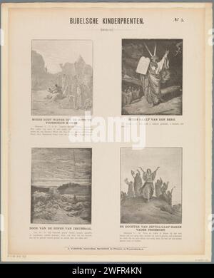 Stampe per bambini della Bibbia, 1869 - 1908 fogli stampati con 4 rappresentazioni di storie dell'Antico Testamento. Mosè batte l'acqua dalla roccia, Mosè scende dalla montagna con le tavole della legge, la morte dei figli di Jerubbaäl e la figlia di Jefta balla con tamburello e va da suo padre. Un testo biblico sotto ogni immagine. Numerato in alto a destra: N. 5. Carta da lettera di Amsterdam con stampa Antico Testamento. Mosè colpisce l'acqua dalla roccia (Esodo 17:1-7; numeri 20:2-13). Mosè scende con le nuove tavolette ed è atteso da Aaron e dalle persone riunite, che notano che e' la sua fac Foto Stock