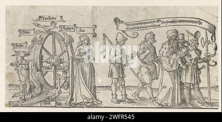 La ruota della fortuna; de Vijf Standen, Albrecht Dürer (attribuito a), 1521 - 1528 stampa la parte sinistra (i primi due blocchi dei sei) di un'ampia incisione di legno, che fu l'esempio o è una copia della mostra su un tappeto da parete di slot Michelfeld aan de Rijn. A sinistra la ruota della fortuna, si muoveva da un lato una volpe e dall'altro una giovane donna che raffigura il tempo. A destra un contadino, un fabbro, un mercante, un principe e un cavaliere, immaginazione delle cinque posizioni sociali. Portano un banderolo con un testo sulla corte ingiusta nella parte successiva del taglio. Norimberga pap Foto Stock