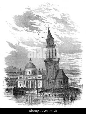 Torre pendente di Nevyansk (18th) con (a sinistra) la Chiesa dei vecchi credenti, sulle rive del fiume Neyva, Oblast' di Sverdlovsk Russia. Incisione d'epoca o storica o illustrazione 1863 Foto Stock