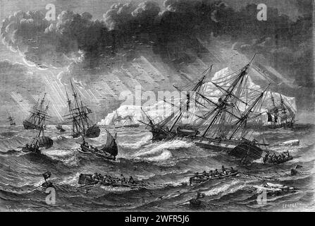 Pesca del merluzzo bianco o del merluzzo al largo della costa di Terranova, Terranova e Labrador, Canada. Incisione d'epoca o storica o illustrazione 1863 Foto Stock