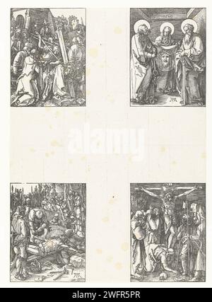 Incrocio, Veronica con la stoffa sudore, croce, crocifissione, Albrecht Dürer, 1509 - 1510 stampare la sesta serie di quattro scene della serie stampa 'De Kleine passie', qui ancora intatta con 4 immagini su 1 foglio. In alto a sinistra: Cristo indossa la sua croce, seguita da una folla di persone; Veronica è accanto a lui con la stoffa del sudore. In alto a destra: Veronica, fiancheggiata da Pietro e Paolo, conserva il tessuto sudorifero con l'impronta del volto di Cristo (Sudarium). In basso a sinistra: Cristo è inchiodato alla croce. In basso a destra: Cristo sulla Croce, la Maria è sulla sua destra, pochi soldi Foto Stock