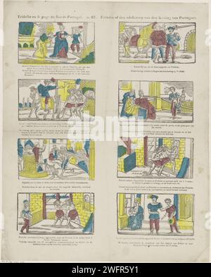 Fridolin Ou le Page du ROI de Portugal / Fridolin of the Edelknaep Van Den Koning Van Portugael, 1856 - 1900 stampa Leaf con 12 rappresentazioni della storia di Fridolin, accusato da Robert Vals. Il re del Portogallo ordina al fabbro di gettare la prima persona che entra nel forno e manda Fridolino da lui. Ma questo sfugge perché prima va a messa. Robert si sottopone a Fridolin. Sotto ogni immagine una didascalia in olandese e in francese. Numerato al centro: n. 67. Editore: Turnhoutprint Maker: Olanda, carta tipografica e fiabe Foto Stock