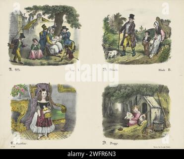 LEETS A, B, C e D, Firm Joseph Fotored, 1829 - 1880 fogli stampati con 4 spettacoli da ritagliare e legare insieme per prenotare sull'alfabeto. Immagina le lettere A (scimmia), B (cieco), C (Caroline) e D (dogge = cane). Sotto ogni immagine una didascalia in tedesco e in olandese (ad eccezione delle lettere C e D). Numerato in basso a sinistra: N. 98. Editore: Mainzprint Maker: Europa lettere cartacee, alfabeto, script Foto Stock