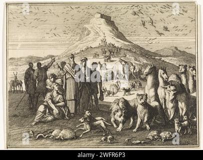 Noè, la sua famiglia e gli animali lasciano l'Arca, Caspar Luyken, 1712 stampa di Amsterdam carta che incide lo sbarco  storia di Noè (Genesi 8:18 - 9:17) Foto Stock