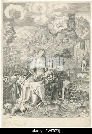 Maria incontrò Kind a Een Landschap, Egidio Sadeler (II), dopo Albrecht Dürer, 1580 - 1629 stampa Maria con il bambino di Cristo in grembo. Sullo sfondo un paesaggio montano con un angelo che proclama la nascita di Cristo ad un gruppo di pastori. In primo piano tutti i tipi di animali. Sconosciuta carta che annuncia la nascita di Cristo ai pastori (e/o pastori) di notte; una miriade di angeli canori nell'aria. Madonna: Cioè Maria con il Cristo bambino. montagne. bestie prede, animali predatori: fox. cane. crostacei: granchio. gufi Foto Stock