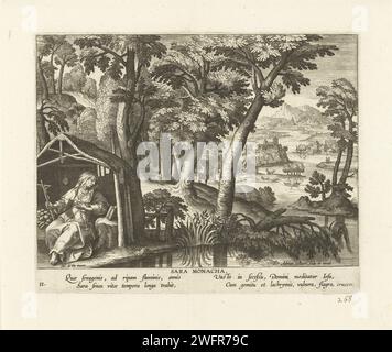 Hikeres Sara, Adriaen Collaert, dopo Maerten de Vos, 1570 - 1618 stampa la reclama Sara nella natura selvaggia della Libia. È in una capanna e prega. La stampa ha una didascalia latina e fa parte di una serie di ventiquattro stampe con il soggetto di eremiti femminili. Anversa incisione di carta Anversa, antropia, eremita Foto Stock