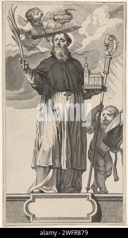 H. Thomas Becket, Theodor Matham, dopo Abraham van Diepenbeeck, 1615 - 1676 stampa Saint Thomas Becket, con una spada nel cranio. Nella sua mano la Cattedrale di Canterbury. Un angelo vicino a lui tiene Bishopmijter e il suo staff. In aria un angelo con una corona di alloro. Stampa da una serie di otto stampe con santi. Incisione di carta del martire Thomas Becket, arcivescovo di Canterbury; possibili attributi: (Rosso) Chasuble, spada nel cranio. insegne di vescovo, ad esempio mitra, crozier. incoronare con laurel Foto Stock