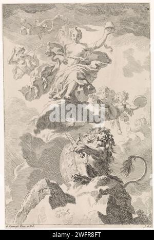 Allegoria del libero scambio: De Batavian Leeuw, Johannes Glaber, dopo Gerard de Lairesse, 1672 - 1726 stampa tra le nuvole la libertà di personificazione, con uno scettro e l'odio della libertà in mano. È circondata da Putti e Mercury. Sotto di lei il leone batavo, con una spada in mano e lo stemma di Amsterdam sul lato. La stampa è su un dipinto a soffitto di Gerard de Lairesse e fa parte di una serie di rappresentazioni bibliche, mitologiche e allegoriche. Tipografia: Unknownafter painting by: Amsterdampublisher: Amsterdam paper etching Beasts of prey, Predatory Animals: lion (+ hera Foto Stock