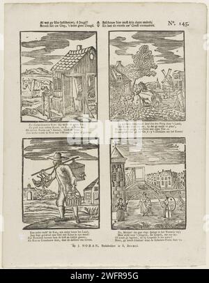 Tutto ciò che saluti qui, ô Gioventù! / Accarezza l'occhio, non impedisce la virtù. / Considerate qui i primi tre utili Zaaken, / e lasciate che il quarto il vostro 'spirito Vermaaken, 1806 - 1830 stampa Foglia con 4 esibizioni di un contadino che munge la sua mucca, da contadini che lasciano che i cavalli arino il campo, da un venditore di uova sulla strada per il mercato e da bambini che saltano la corda. Un verso a quattro righe sotto ogni immagine. Numerato in alto a destra: N. 145. Editore: Zaltbommelprint Maker: Mungitura per la stampa di carta tipografica olandese. aratura. commerciante di strada. giochi di salto con la corda Foto Stock