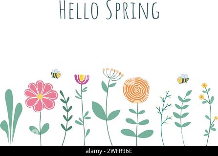 Cartolina di primavera con api, fiori, erbe e iscrizione. Ciao, primavera, testo scritto a mano. Grazioso design floreale con coligrafia e illustrazione vettoriale Illustrazione Vettoriale