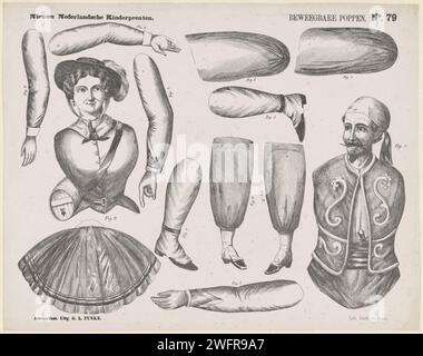 Bambole mobili, stampa 1865 - 1875. pantin. Martinetto a balestra foglia con 2 pupazzi tirati per tagliare. A sinistra una donna con cappello e gonna. Sulla destra uno Zouave (soldato francese). Numerato in alto a destra: N. 79. Editore: Amsterdamprinter: Haarlem paper letterpress Printing burattino Foto Stock