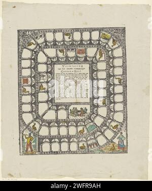 Il nuovo divertente gioco Ganzen, 1800 - 1900 stampe. Gioco da tavolo Gameboard Goose con scomparti numerati da 1 a 63. In alcune scatole, separate l'una dall'altra da colonne che indossano archi semitondi, rappresentazioni di oche. Nel grande comparto centrale le regole in olandese. Carta da lettere olandese stampa goose-game. giochi da tavolo. giochi da tavolo d'azzardo Foto Stock