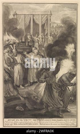Nadab e Abihu uccisi dalle fiamme, Jacob de Later, dopo Gerard Hoet (i), 1728 stampano i figli di Aronne, Nadab e Abihu, commessi agli occhi di Dio facendo un fuoco sbagliato nelle loro ciotole. Per punizione, Dio lascia bruciare i fratelli. Spettacolo biblico da LEV. 10: 1-3 con il titolo della mostra in sei lingue a margine. Incidere / incidere su carta di Amsterdam due figli di Aaron, Nadab e Abihu, offrono incenso nei loro censimenti a Dio, che li punisce per questo inviando un fuoco che li uccide Foto Stock