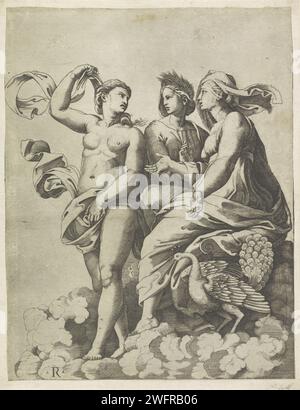 Juno, Cerere e Psiche, Marco dente, dopo Rafaël, 1498 - 1532 stampa le dee Giunone, Cerere e Psiche su una nuvola. C'è un pavone vicino a Juno. Incisione su carta italiana (storia di) Juno (Hera). (Storia di) Cerere (Demetra). Psiche con Juno. Psiche con Cerere. Psiche Foto Stock