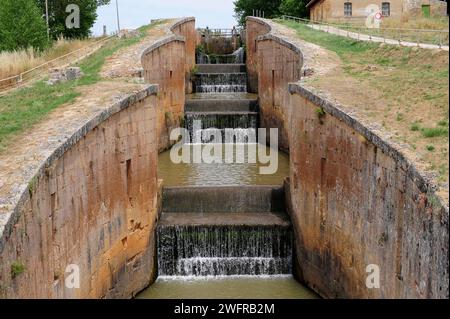 Canal de Castilla (canale di Castiglia) nei pressi di Fromista, provincia di Palencia, Castilla y Leon, Spagna. Foto Stock