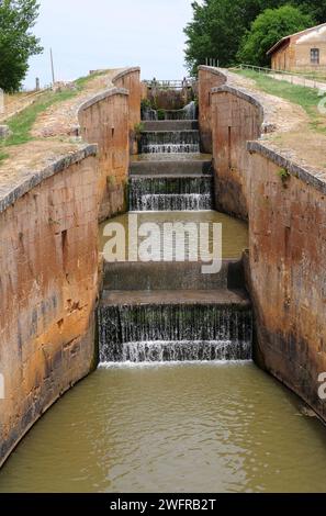 Canal de Castilla (canale di Castiglia) nei pressi di Fromista, provincia di Palencia, Castilla y Leon, Spagna. Foto Stock