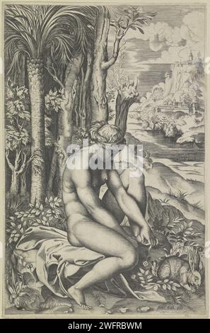 Venere e De Roos, Marco dente, dopo Rafaël, 1517 - 1562 stampa Venere siede su una roccia in un paesaggio. Prende una spina di un cespuglio di rose dal piede. In primo piano, a destra, un coniglio. Tipografia: Italyafter design by: Italypublisher: Rome paper Engraving Venus ferito dalle spine di un cespuglio di rose; le rose cambiano da bianco a rosso (forse combinato con la storia di Adone) Foto Stock