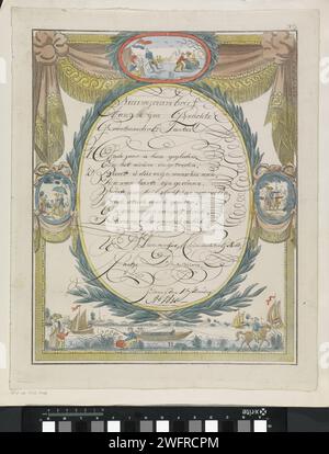 Lettera dei desideri con chiatta di traino, 1838 lettera dei desideri stampata con cartiglio descritto all'interno di un quadro decorativo con una rappresentazione di un fiume con una chiatta. In piccoli medaglioni rappresentazioni di pattinaggio e uccisione di persone, persone sotto la pioggia e una famiglia che cammina. Messaggio scritto a mano in calligrafia (lettera di Capodanno) da Jantje Duives a sua nonna e zia. Numerato in alto a destra: N. 4. Editore: Amsterdamprint Maker: Carta olandese. tipi umani di penne/incisioni a inchiostro. rimorchiatore, chiatta da traino Foto Stock