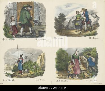 Lettere S, R, U en T, firma Joseph Scholz, 1829 - 1880 stampa Leaf con 4 spettacoli da ritagliare e legare insieme per prenotare sull'alfabeto. Immagini delle lettere S (chiave), r (equitazione), u (ueberfall = rapina) e t (Theodor). Sotto ogni immagine una didascalia in tedesco e in olandese. Numerato in basso a sinistra: N. 108. Editore: Mainzprint Maker: Europa lettere cartacee, alfabeto, script Foto Stock