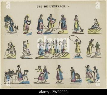 Gioco d'infanzia, 1827 - 1894 fogli stampati con 15 spettacoli di giochi e attività per bambini, come saltare la corda, giocare con la bambola e un cieco. Numerato al centro: 30. Carta da lettere Schaerbeek stampa giochi per bambini e giochi per bambini. (giocare con) bambole. giochi di salto con la corda. cieco-cieco Foto Stock