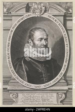 Ritratto di Nicolaas Rockox Jr., all'età di 79 anni, Paulus Pontius, dopo Peter Paul Rubens, dopo Anthony Van Dyck, 1639 stampa Ritratto di Nicolaas Rockox Jr., sindaco di Anversa, insignito del suo stemma. Nel contesto della stalla di Pieth, una lode di sei linee in latino. Supporto araldico per incisione in carta Anversa, araldica Foto Stock