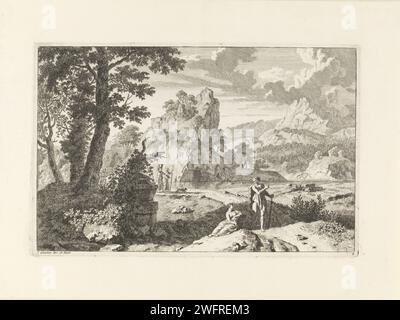 Paesaggio arcadiano con rovine, Johannes Glaber, 1656 - 1726 stampa un paesaggio arcadiano con rovine. Sulla destra c'è una strada con qualche camminatore. Un massiccio di montagna sullo sfondo. La stampa fa parte di una serie di paesaggi arcadiani. Sconosciuti pastori di carta, scene arcadiane. paesaggio con rovine. strada pubblica (+ city(-scape) con figure, personale). montagne Foto Stock