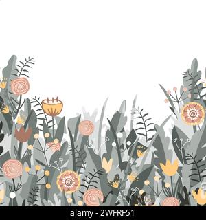 I fiori delle fate sono in stile folk scandinavo, con motivo vettoriale. Sfondo prato di fiori di Doodle. Design per carte, carta da parati, imballaggi artigianali. Illustrazione Vettoriale