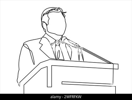 Conferenza d'affari, riunione d'affari. Uomo al rostrum davanti al pubblico. Relatore pubblico che tiene un discorso nella sala conferenze - linea continua Illustrazione Vettoriale