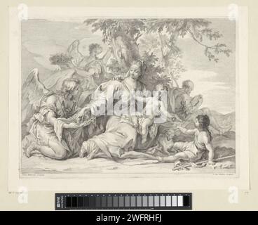 Sacra famiglia con il giovane Giovanni Battista ed Engelen, Giovanni Antonio Faldoni, dopo Sebastiano Ricci, 1700 - 1760 stampa con il bambino di Cristo, Maria è seduta in grembo sotto un albero in un paesaggio. A sinistra due angeli che offrono cesti a Maria. Cristo dà una mela al giovane Giovanni Battista. Joseph legge un libro sullo sfondo. Italia incisione su carta Sacra famiglia e rappresentazioni derivate. Sacra famiglia con Giovanni Battista (da bambino). angeli Foto Stock