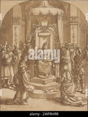 Giudizio di Solomo, Cornelis Ploos van Amstel, dopo Lucas van Leyden, 1782 stampa Re Salomone siede sul suo trono e sente il suo giudizio. Ordina al bambino di dividerne due per determinare chi è la madre del bambino. A destra un uomo tira la spada. Prima del trono le due donne che rivendicano entrambe la maternità del bambino. Articolo di Amsterdam incidere il giudizio di Salomone (1 Re 3:16-28) Foto Stock