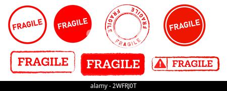 fragile etichetta con logo, quadrata e circolare, con timbro in gomma rossa, confezione con insegne, conservazione in caso di rottura Illustrazione Vettoriale