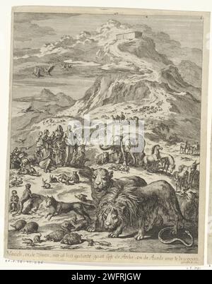 Noè, la sua famiglia e gli animali lasciano l'Arca, Jan Luyken, 1708 stampa di Amsterdam carta che incide sullo sbarco  storia di Noè (Genesi 8:18 - 9:17) Foto Stock