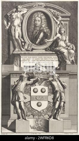 Ritratto di Johann Casimir Kolbe van Wartenberg II in cornice allegorica, Jan van Vianen, dopo Jan Goeree, 1680 - 1720 stampa Ritratto di Johann Casimir Kolbe van Wartenberg II, affiancato dalla personificazione della prudenza (prudentia) con attributi serpente e specchio e dalla personificazione della lealtà con una chiave nella mano destra e un cane accanto a lei. Sotto il ritratto, lo stemma di famiglia, coronato da due figure maschili, ciascuna con un club olandese del nord incisione/incisione fede di carta, "Fides"; "fede", "fede catholica", "fede christiana", 'fede christiana catholica' (Ripa)  una delle Foto Stock