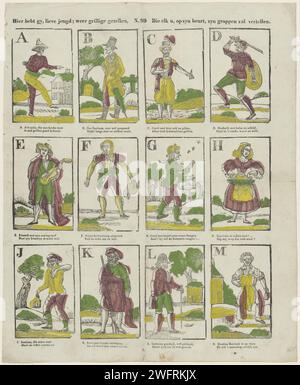 Ecco a voi, cari giovani; di nuovo simpatici compagni, / che a vostra volta racconterete le sue battute, 1833 - 1856 stampa Foglia con 12 rappresentazioni delle lettere dell'alfabeto (A-M) illustrato con figure i cui nomi iniziano con la lettera in questione. Sotto ogni immagine un verso bidirezionale. Numerato al centro: N. 89. Editore: Turnhoutprint Maker: Stampa di lettere, alfabeto, script su carta olandese. caratteri (tipi umani). l'individuo e il suo nome Foto Stock
