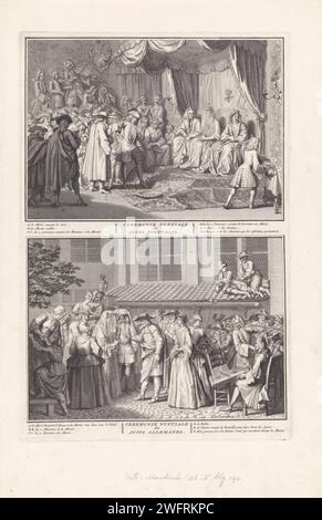 Cerimonia nuziale in ebrei portoghesi e aschenaziti, Bernard Picart (laboratorio di), 1723 fogli stampati con due spettacoli di cerimonie matrimoniali in ebrei portoghesi e aschenaziti. Sopra: Un matrimonio ebraico portoghese. La sposa velata è seduta sotto un baldacchino e lo sposo calza il bicchiere. Accanto a lui c'è il rabbino. Sotto: All'aria aperta, una coppia di nozze ebrea si trova insieme sotto un tappeto di preghiera, il tallite. Lo sposo dà l'anello alla sua sposa. Di fronte alla coppia nuziale c'è il rabbino. Sotto le immagini una spiegazione in francese. Incisione/incisione di carta Amsterdam "kiddushin", matrimonio ebraico. br Foto Stock