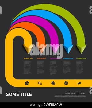 Le frecce vibranti formano un'infografica arcobaleno con segnaposto per il testo. La grafica presenta lo spazio per un titolo e i sottotitoli. Semplice polivalente oscuro io Illustrazione Vettoriale