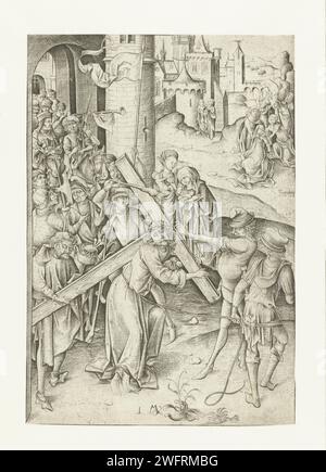 De Kruisjestag, Israhel van Meckenem, 1455 - 1503 stampa Cristo cammina attraverso una porta della città con la croce sulla spalla. Un uomo (Simon van Cyrene) lo aiuta a indossare. Dietro di loro una processione di persone. A destra sullo sfondo si può vedere come Maria sviene e viene curata da un uomo e da alcune donne. Questa stampa fa parte di una serie di dodici stampe con scene della storia sofferente. Bocholt (Germania) l'incisione di Simon il Cireniano si spinse ad aiutare Cristo a portare la croce. Cristo incontra Maria, che a volte gonfia ('lo Spasimo')  Cristo portando la croce Foto Stock