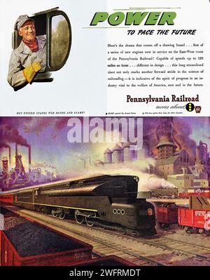 "POWER TO pace THE FUTURE" Un poster propagandistico statunitense della seconda guerra mondiale con un treno e un uomo che tiene un casco. Il testo recita “POWER TO pace THE FUTURE”. Il poster è progettato in stile grafico. - Pubblicità americana (USA), era della seconda guerra mondiale Foto Stock