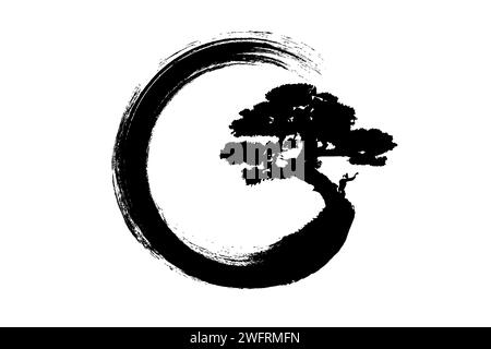 Enso Zen Circle e Bonsai Tree, disegnati a mano con inchiostro nero in sumi-e tradizionale stile giapponese, con logo Vector in stile Paint Brush, isolati Illustrazione Vettoriale