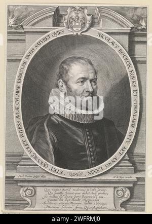 Ritratto di Nicolaas Rockox Jr., all'età di 79 anni, Paulus Pontius, dopo Peter Paul Rubens, dopo Anthony Van Dyck, 1639 stampa Ritratto di Nicolaas Rockox Jr., sindaco di Anversa, insignito del suo stemma. Nel contesto della stalla di Pieth, una lode di sei linee in latino. Supporto araldico per incisione in carta Anversa, araldica Foto Stock