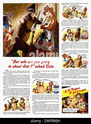 “MA CHI SPARERAI PER PRIMO?” Poster di propaganda statunitense della seconda guerra mondiale con un cartone animato raffigurante una mucca e un toro in un ambiente domestico. La mucca, vestita in grembiule e con in mano una scopa, viene puntata con un fucile dal toro. Le lettere maiuscole in grassetto “ma chi sparerai per primo?” in evidenza. Il poster è in stile fumetto con colori vivaci e contorni audaci. - Pubblicità americana (USA), era della seconda guerra mondiale Foto Stock