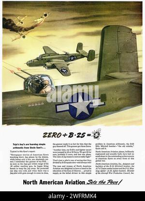 ZERO - B-25 = il ragazzo di Tojo sta imparando semplice aritmetica da zio Sam… Tipico è il rapporto di questo volantino: “Le storie di giornali di volantini americani che abbattono gli aerei Jap da decine di persone, pur perdendo solo pochi, sono assolutamente corrette. Ricordo il cannoniere del mio B-25… Non appena i giapponesi si trovarono nel raggio di azione della sua mitragliatrice calibro .50, iniziò a sparare esplosioni per tenere lontano il Jap. Ha protetto molto bene la nostra nave, e quando c'era un pilota Jap con abbastanza fegato da avvicinarsi, il cannoniere gli faceva così caldo che il tizio si sparava. Questo pistolero ha preso tre Zeros. "Un'altra volta, i nostri B-25 Foto Stock