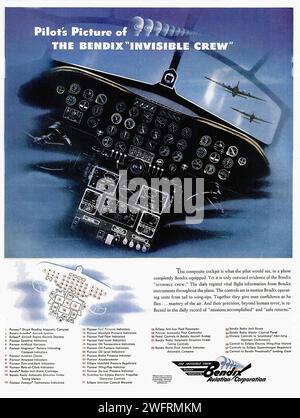 Immagine del pilota DELLA BENDIX 'EQUIPAGGIO INVISIBILE' questo cockpit composito è quello che il pilota vedrebbe, in un aereo completamente equipaggiato con Bendix. Eppure è solo una prova esterna della Bendix 'EQUIPAGGIO INVISIBILE'. I quadranti registrano informazioni di volo vitali da Bendix Instruments su tutto l'aereo. I comandi azionano le unità di comando Bendix dalla coda alle punte delle ali. Insieme danno fiducia all'uomo mentre vola ... padronanza dell'aria. E la loro precisione, al di là dell'errore umano, si riflette nel registro giornaliero delle "missioni compiute" e dei "ritorni sicuri". Bendix Aviation Corporation - americana (U Foto Stock