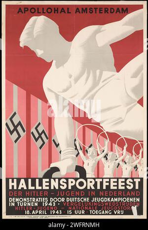 "HALLENSPORTFEEST DER HITLER-JUGEND IN NEDERLAND" "APOLLOHAL AMSTERDAM 18 APRILE 1943 - 15 UUR TOEGANG VRIJ" "FESTIVAL SPORTIVO AL COPERTO DELLA GIOVENTÙ DI HITLER NEI PAESI BASSI APOLLOHAL AMSTERDAM 18 APRILE 1943 - 15:00 INGRESSO GRATUITO" VINTAGE DUTCH ADVERTISING. Un poster rosso e bianco con una figura di atleta e svastiche sullo sfondo. Foto Stock