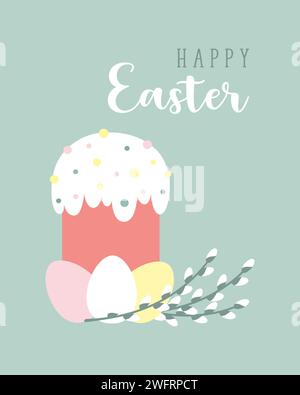 Happy Easter card su sfondo pastello con torta Kulich decorata e uova, rami di salice con boccioli soffici. Illustrazione vettoriale Illustrazione Vettoriale