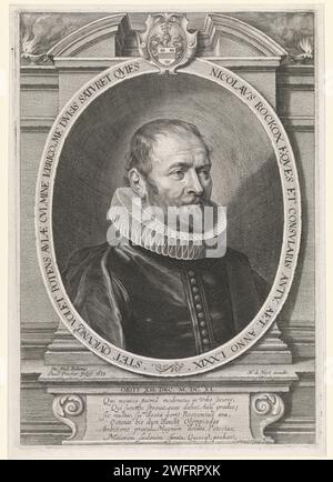 Ritratto di Nicolaas Rockox Jr., all'età di 79 anni, Paulus Pontius, dopo Peter Paul Rubens, 1639 stampa Ritratto di Nicolaas Rockox Jr., sindaco di Anversa, premiato con il suo stemma. Nel contesto della stalla di Pieth, una lode di sei linee in latino. Supporto araldico per incisione in carta Anversa, araldica Foto Stock